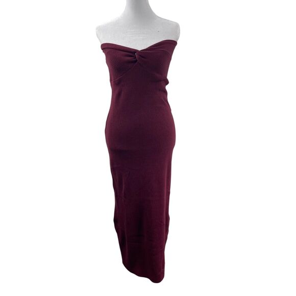 Burgundy Knit Strapless Bodycon Twist Front Tube Maxi Dress L Holiday Babydoll - Picture 1 of 5